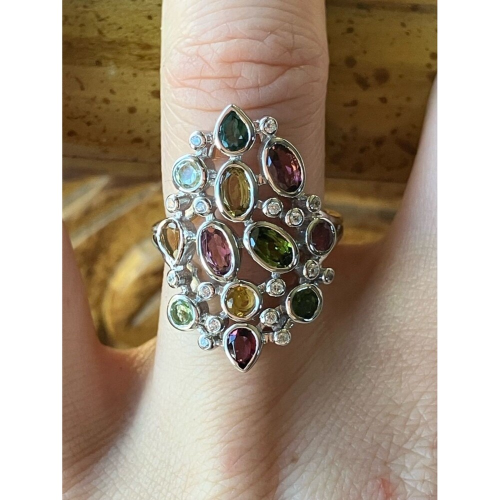 Multicolor Tourmaline Sterling Silver Cocktail Ring Size 6
